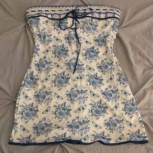 Floral Strapless Dress with Blue Accents